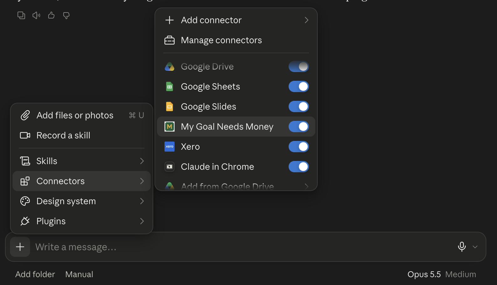 Claude's Connectors menu with My Goal Needs Money switched on and Claude in Chrome listed below