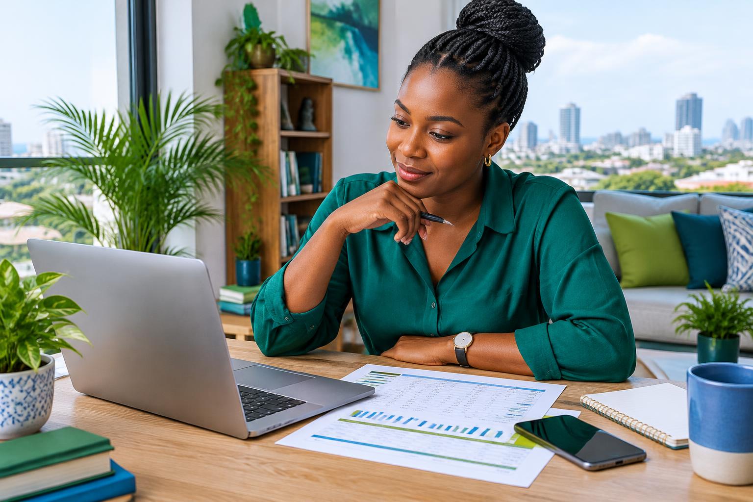 A woman reviewing financial statements with a laptop, smartphone and notebook at home