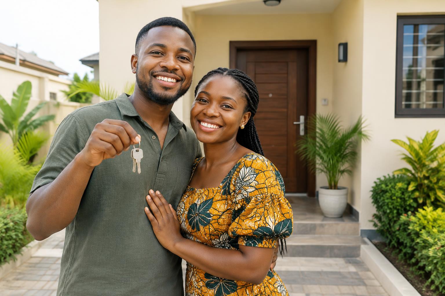A couple holding house keys outside their home