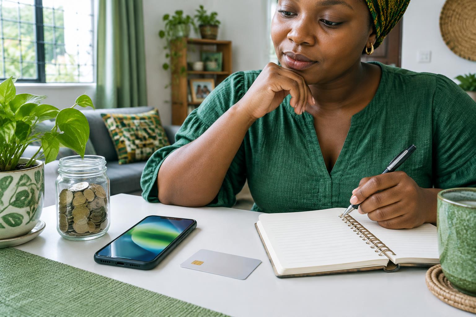 A woman planning her savings with a phone, bank card, notebook and coin jar