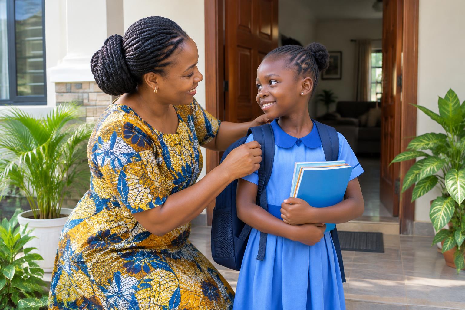 A mother helping her daughter get ready for school with books and a backpack